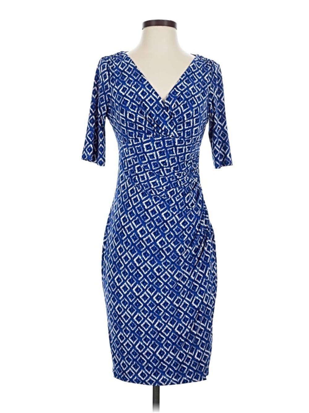 Ralph Lauren Blue & White Geometric Faux-Wrap Midi Dress